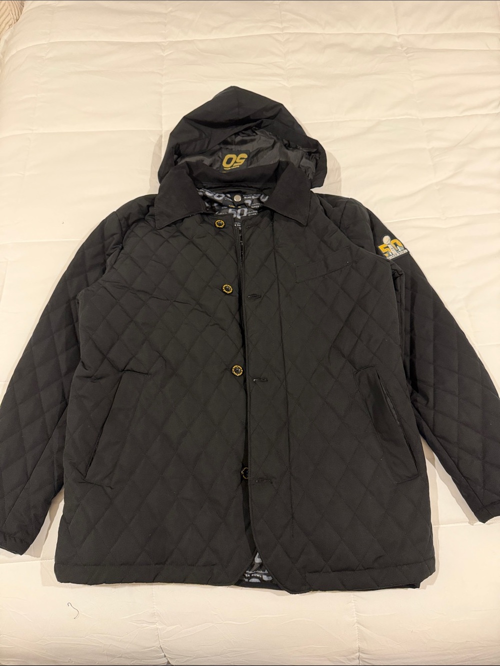 NFL COMMEMORATIVE Men’s Super Bowl 50 Black Quilted Hooded Extra Lined Jacket L